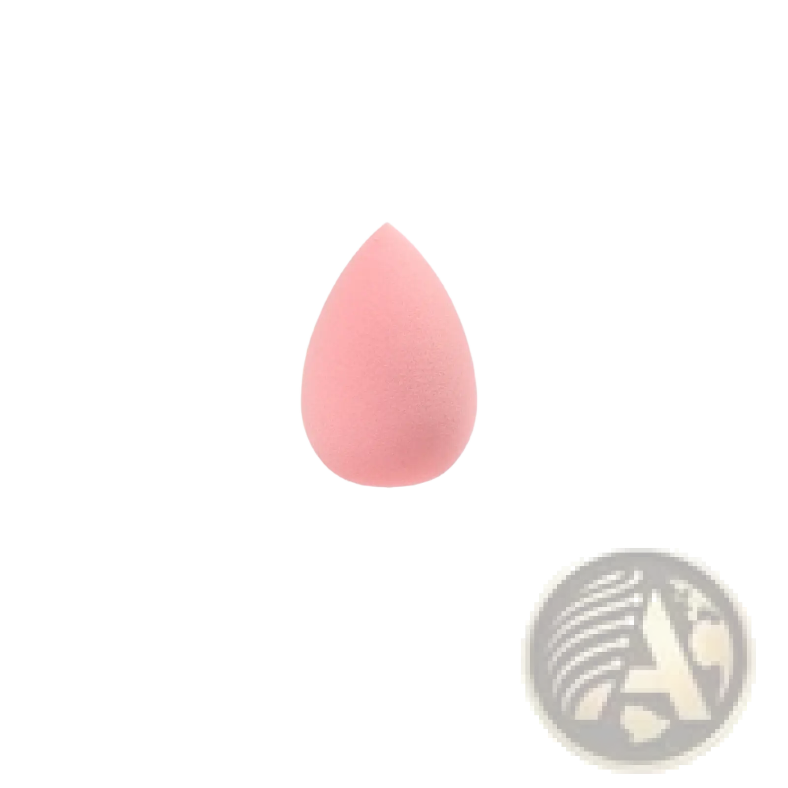 A soft pink teardrop shaped mini makeup sponge with a smooth matte finish for flawless beauty application