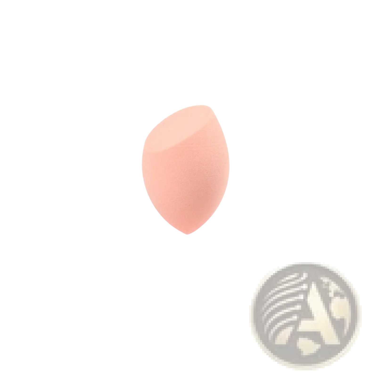 A soft peach-colored teardrop-shaped makeup sponge with a slightly textured surface for smooth blending