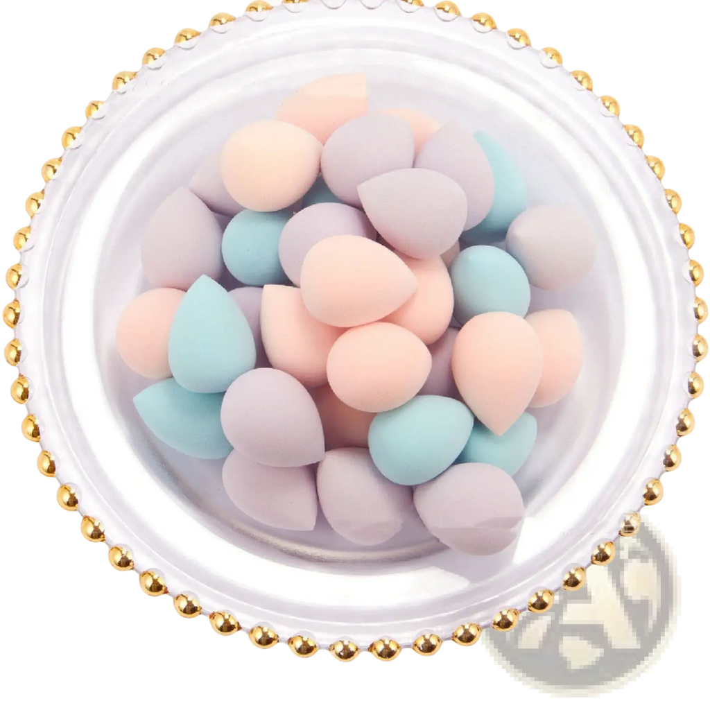 Mini makeup sponge soft teardrop beauty blender egg in pastel pink blue and lavender for smooth makeup application