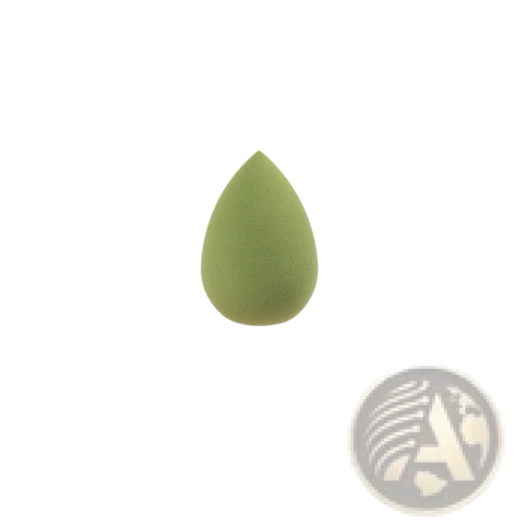 A soft olive-green mini makeup sponge shaped like a teardrop for blending beauty products