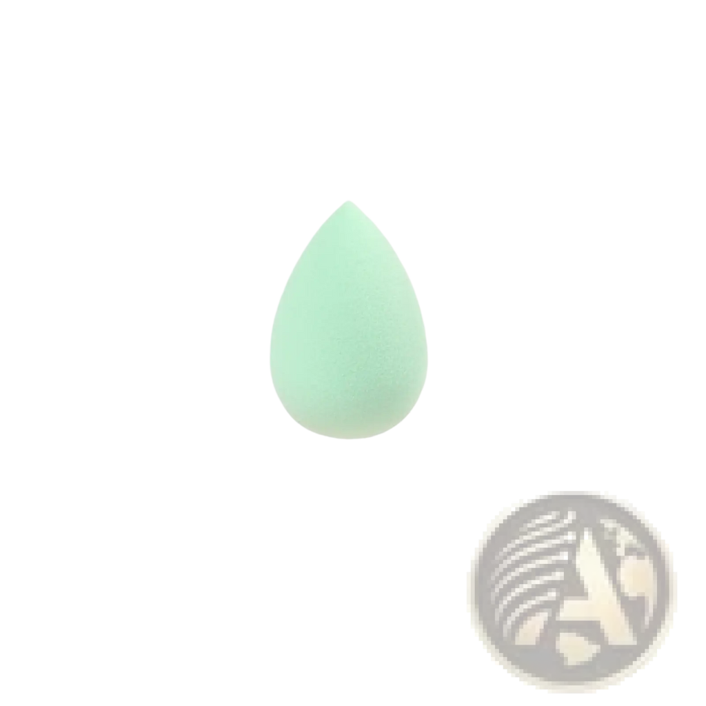 A soft mint-green teardrop shaped makeup sponge with a smooth matte finish for precise beauty application