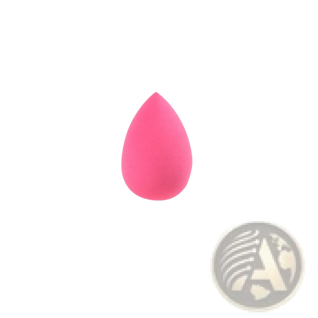 A vibrant pink mini makeup sponge with a soft porous texture in a teardrop shape for beauty blending
