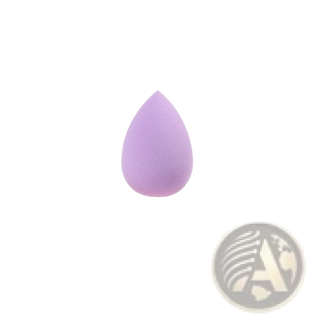 A soft lavender-colored teardrop mini makeup sponge with smooth porous texture for blending cosmetics