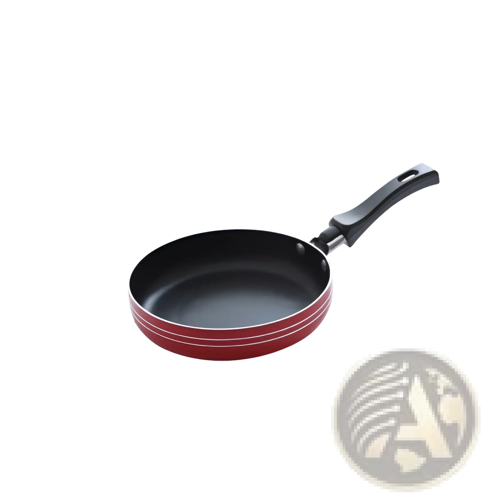 Mini non-stick frying pan set aluminum cookware featuring a red pan with black handle and two white stripes around rim