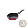 Mini non-stick frying pan set aluminum cookware featuring a red pan with black handle and two white stripes around rim