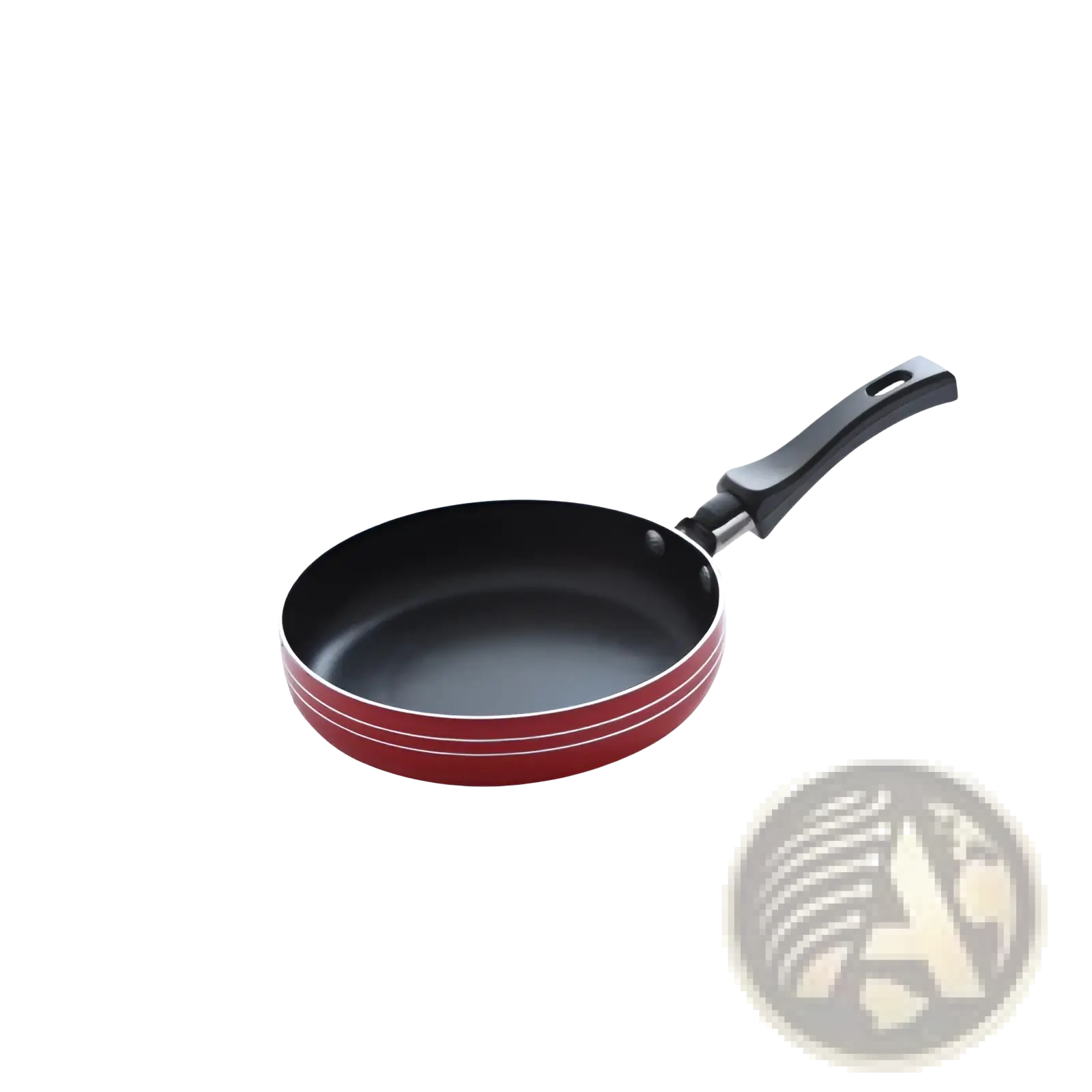 Mini non-stick frying pan set aluminum cookware featuring a red pan with black handle and two white stripes around rim