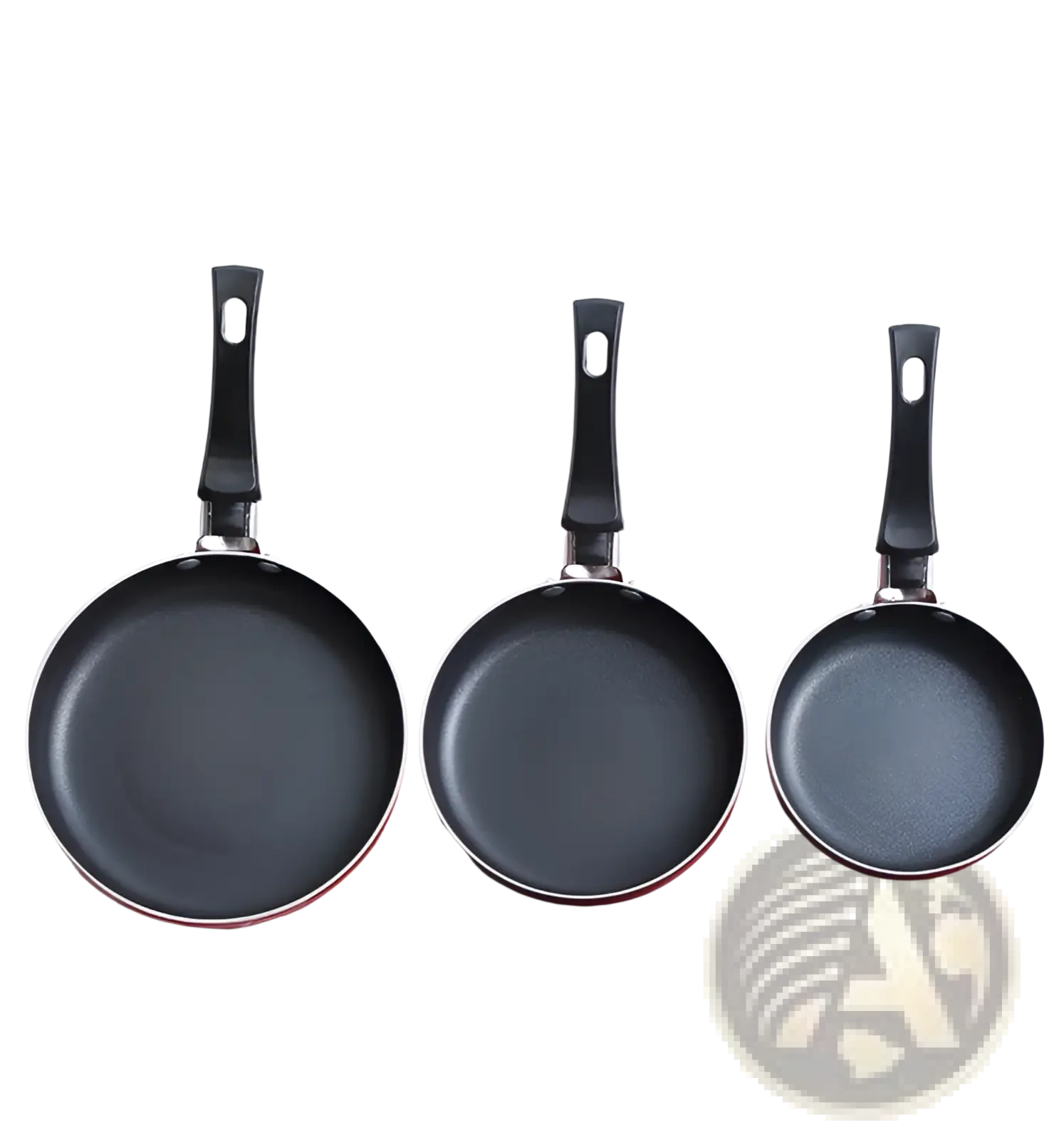 Set of three black aluminum mini non-stick frying pans with red rims and ergonomic handles for cookware use