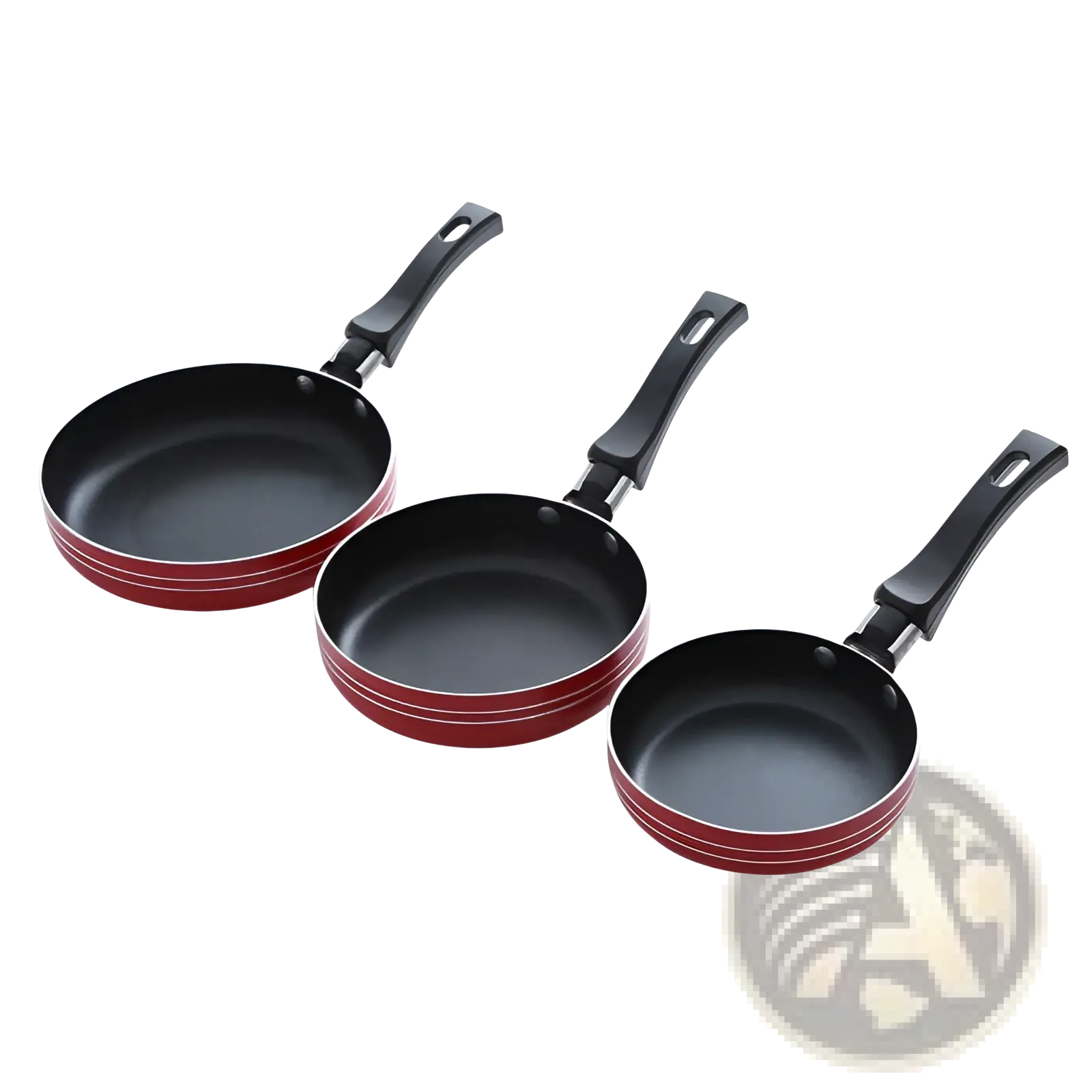 Set of three red aluminum mini non-stick frying pans with black handles and silver trim for versatile cooking