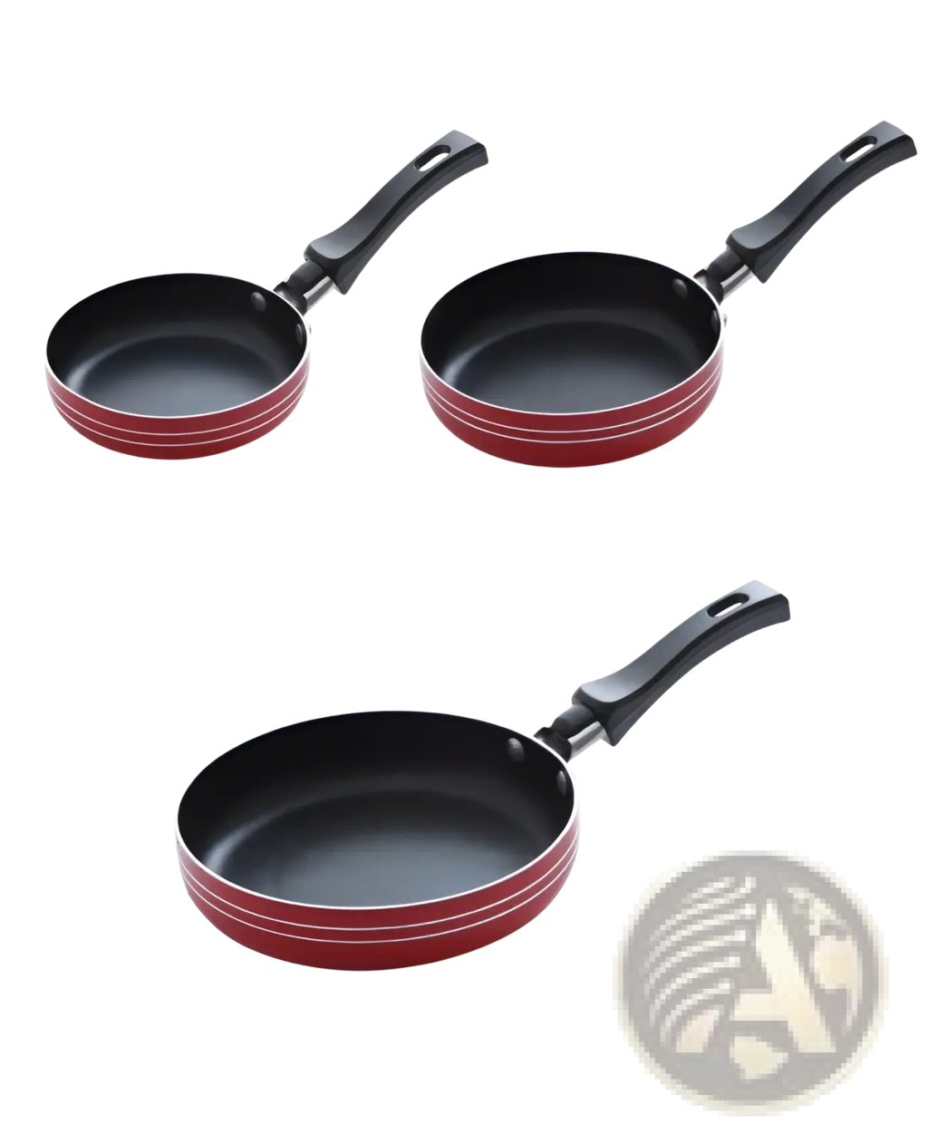 Set of three red aluminum mini non-stick frying pans with black handles and white accent stripes for cookware use