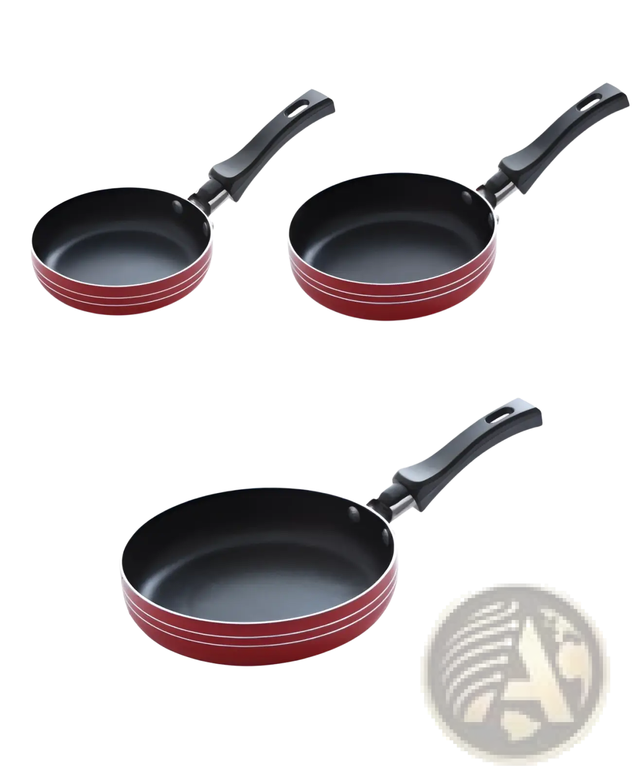 Set of three red aluminum mini non-stick frying pans with black handles and white accent stripes for cookware use
