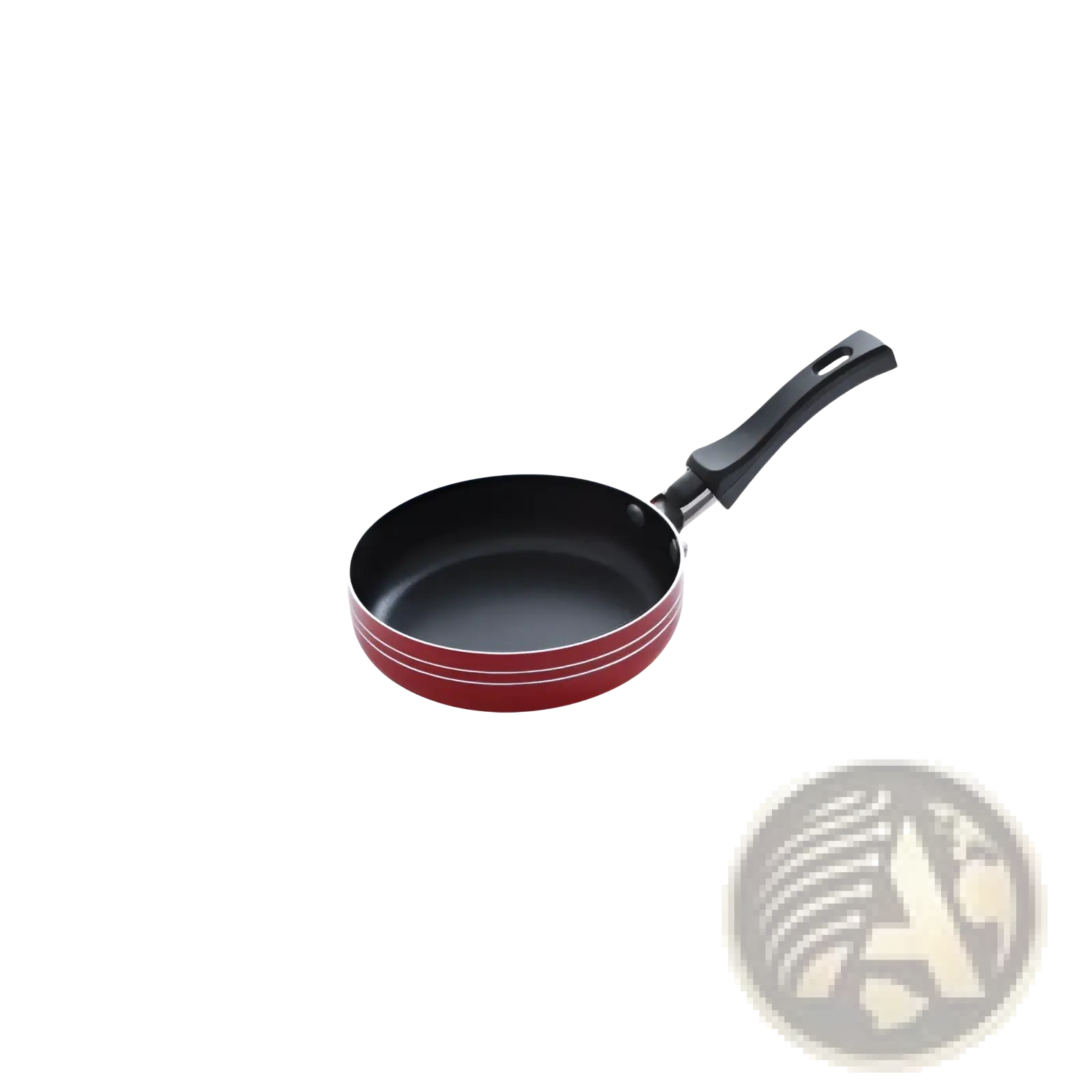 Red aluminum mini non-stick frying pan with black handle and two white stripes around the rim for cookware set
