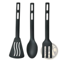 Black silicone mini nylon camping utensil set with spatula wavy slits spoon and fork for outdoor use