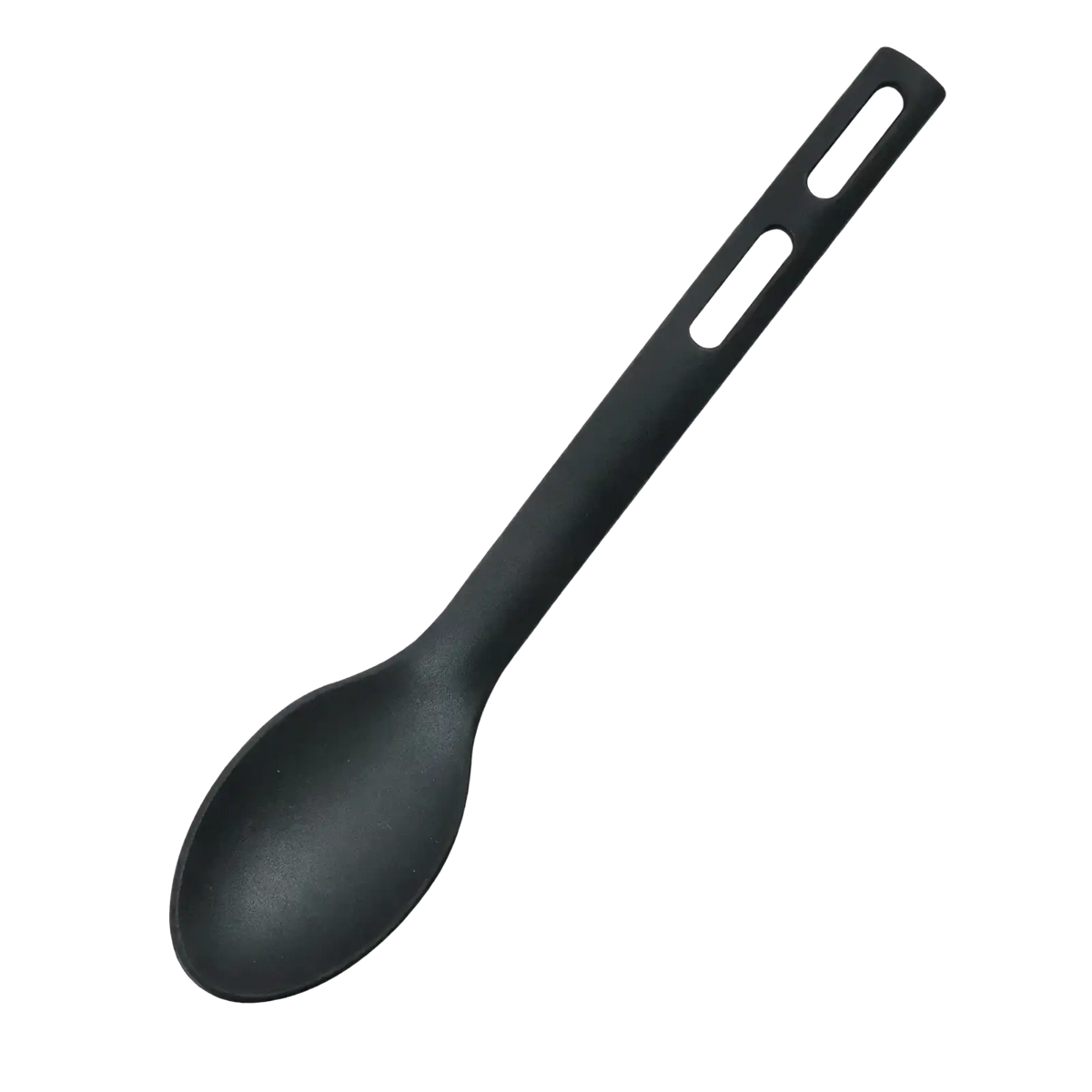 Black plastic camping spoon with two elongated handle cutouts from mini nylon camping utensil set