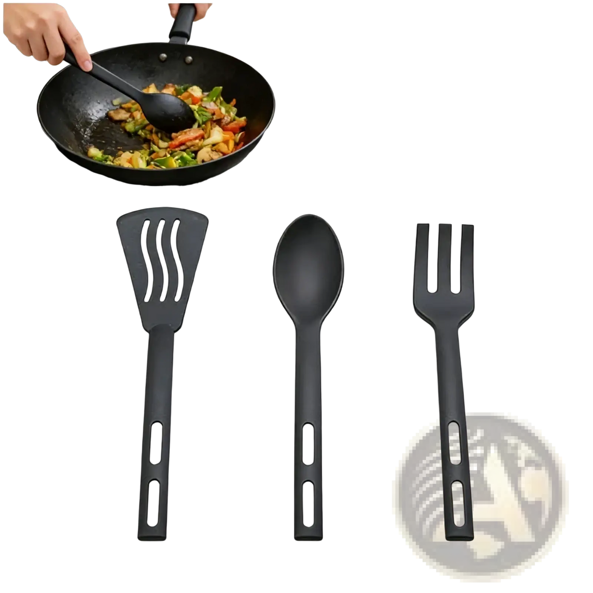 Mini nylon camping utensil set with black plastic slotted spatula spoon and fork featuring ergonomic handles