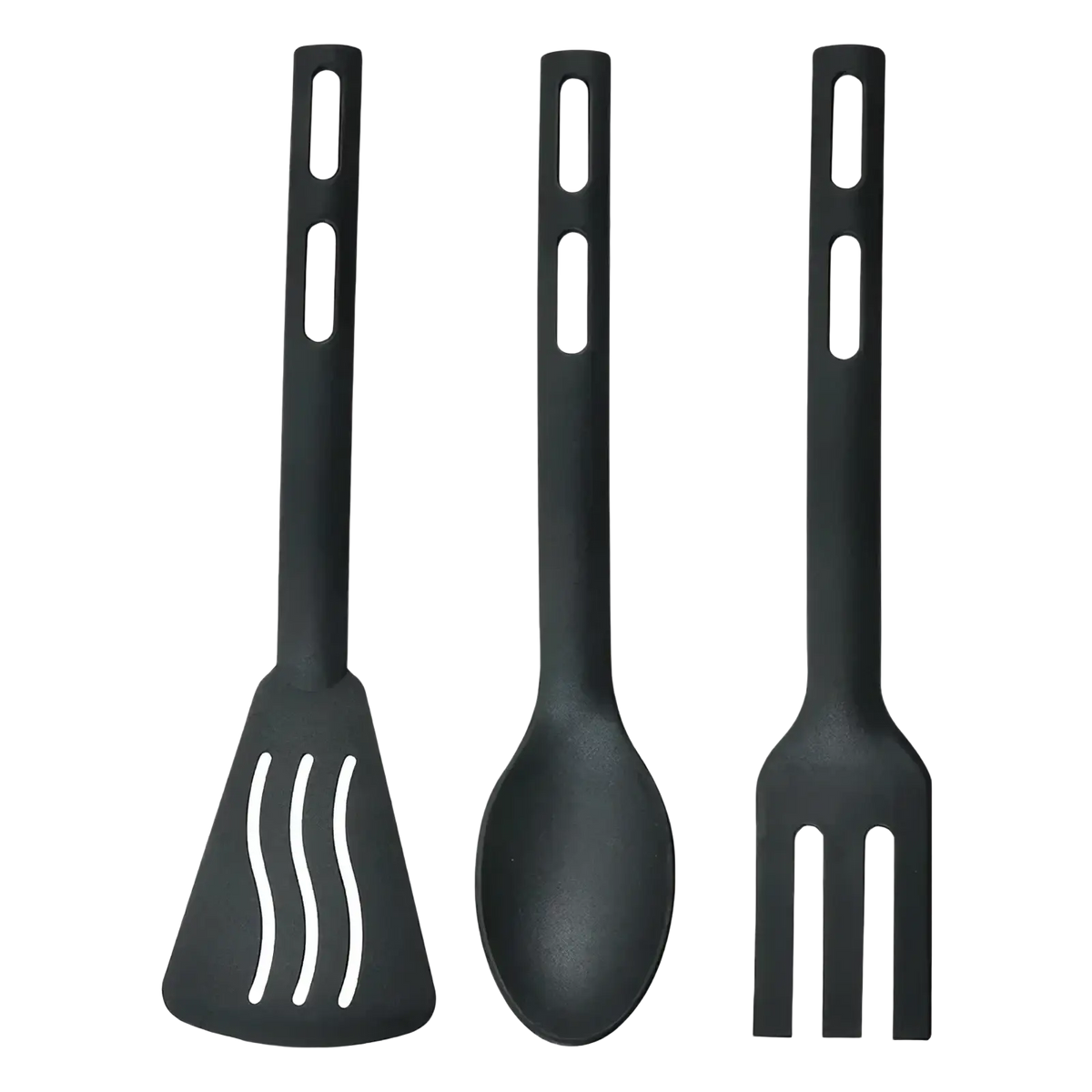 Black silicone mini nylon camping utensil set with spatula wavy slits spoon and fork for outdoor use