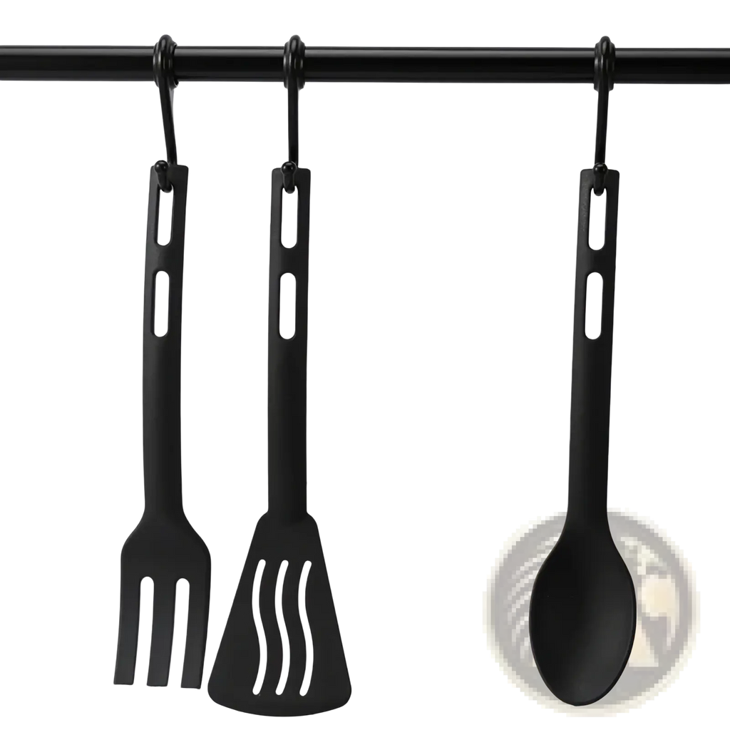 Black silicone mini nylon camping utensil set with fork spatula and spoon hanging from hooks
