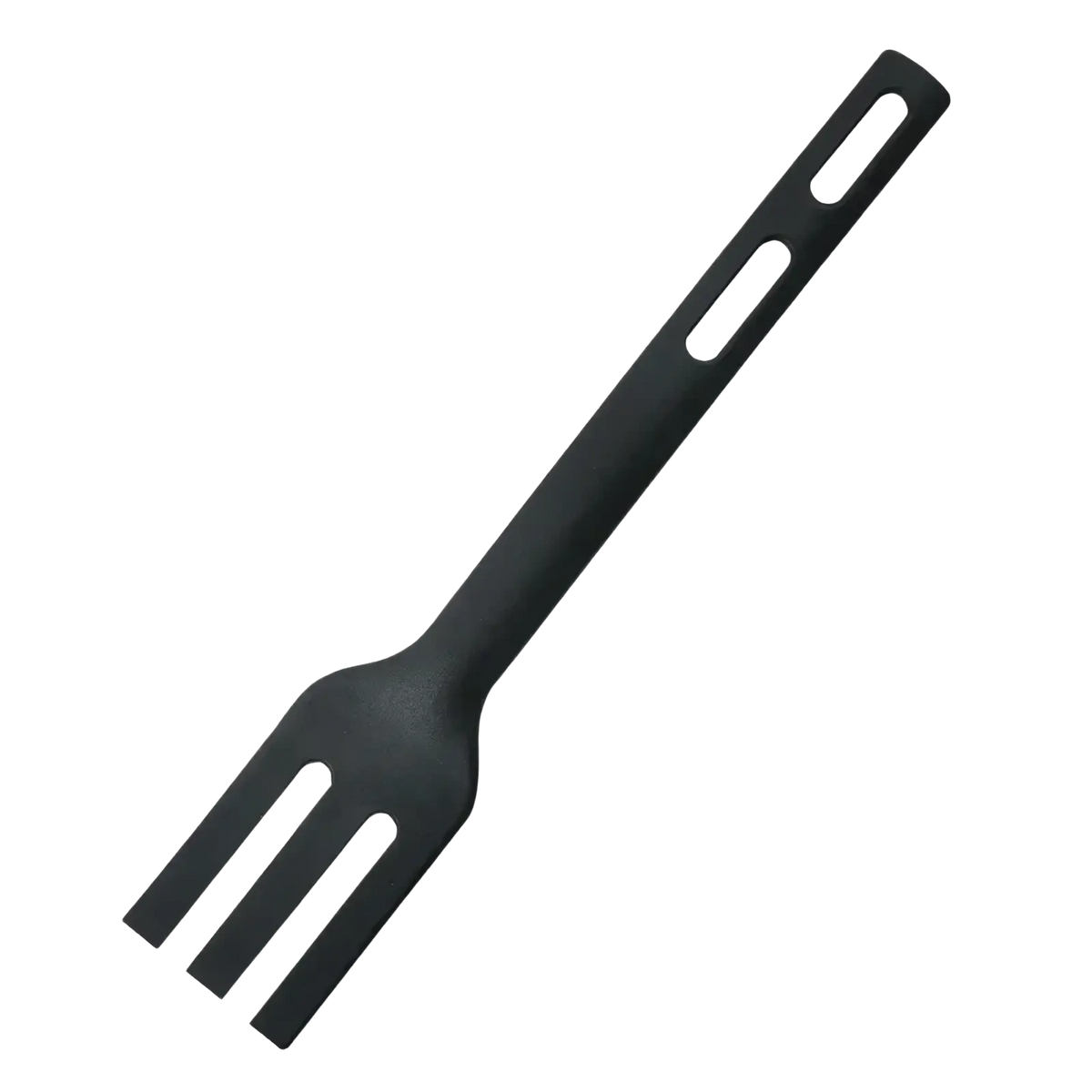 Black silicone spatula with long handle two elongated cutouts and three tines from mini nylon camping utensil set