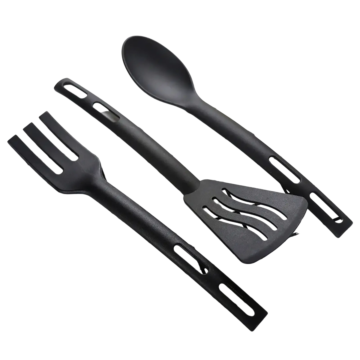 Set of three black silicone mini nylon camping utensils including a spoon fork and spatula for outdoor use