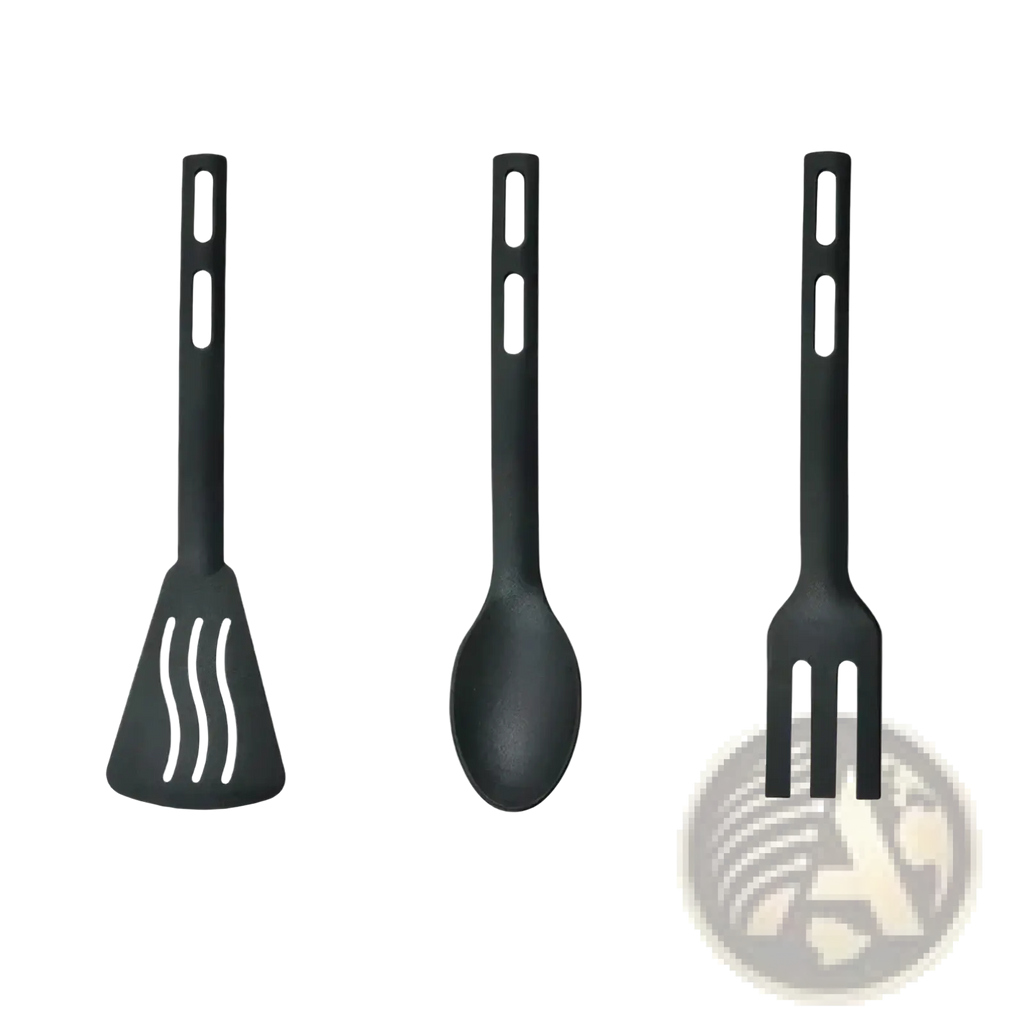 Set of three black silicone nylon utensils including spatula spoon and fork for mini camping use