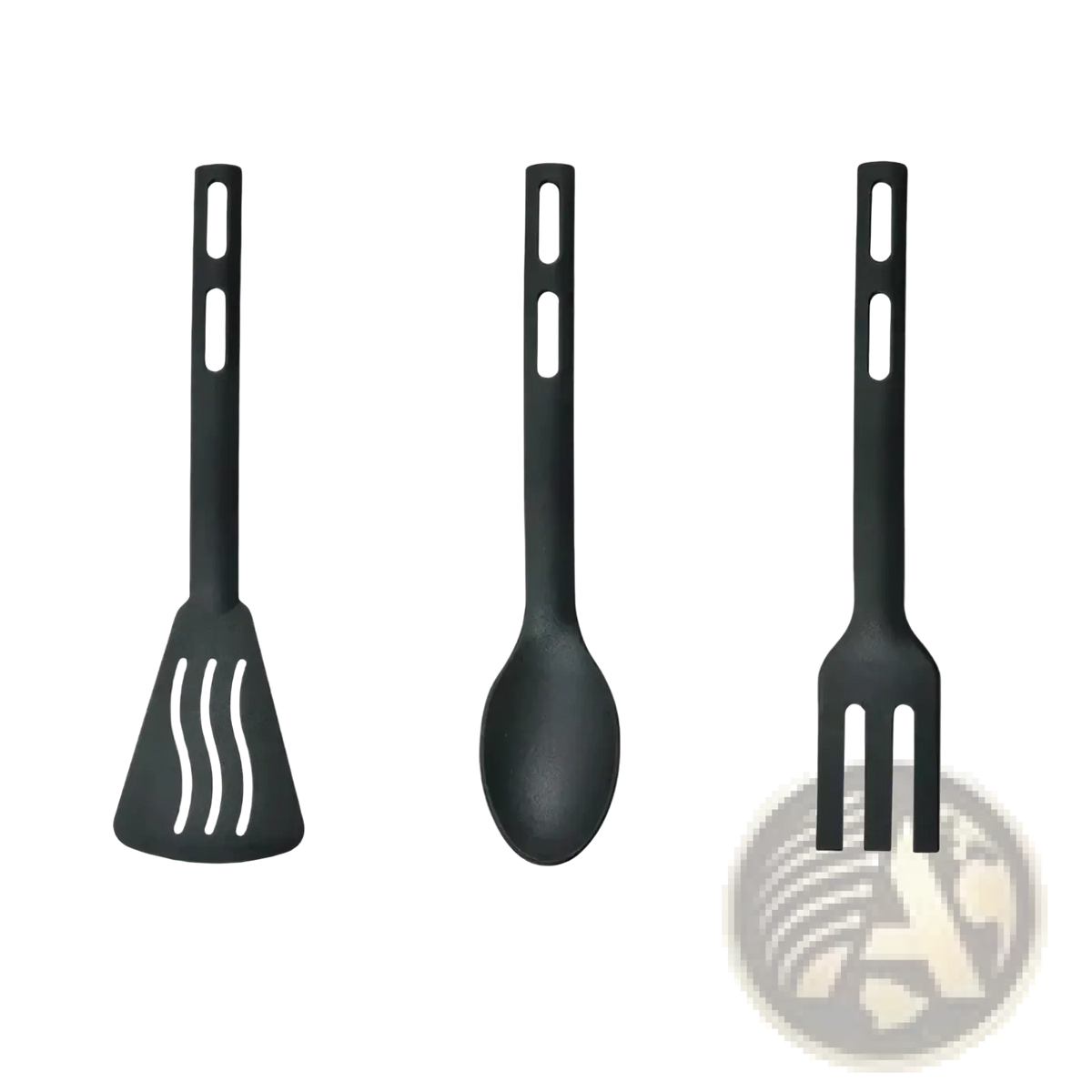 Set of three black silicone nylon utensils including spatula spoon and fork for mini camping use