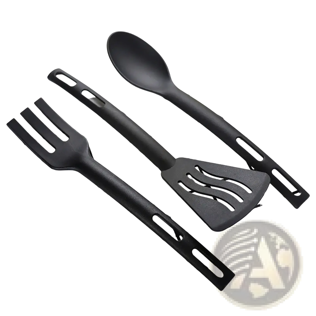 Set of three black silicone mini nylon camping utensils including a spoon fork and spatula for outdoor use