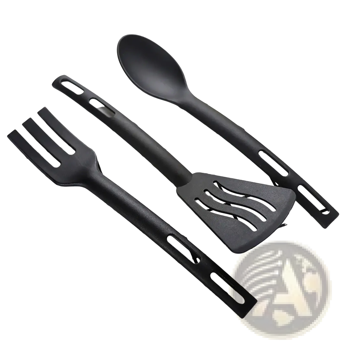 Set of three black silicone mini nylon camping utensils including a spoon fork and spatula for outdoor use