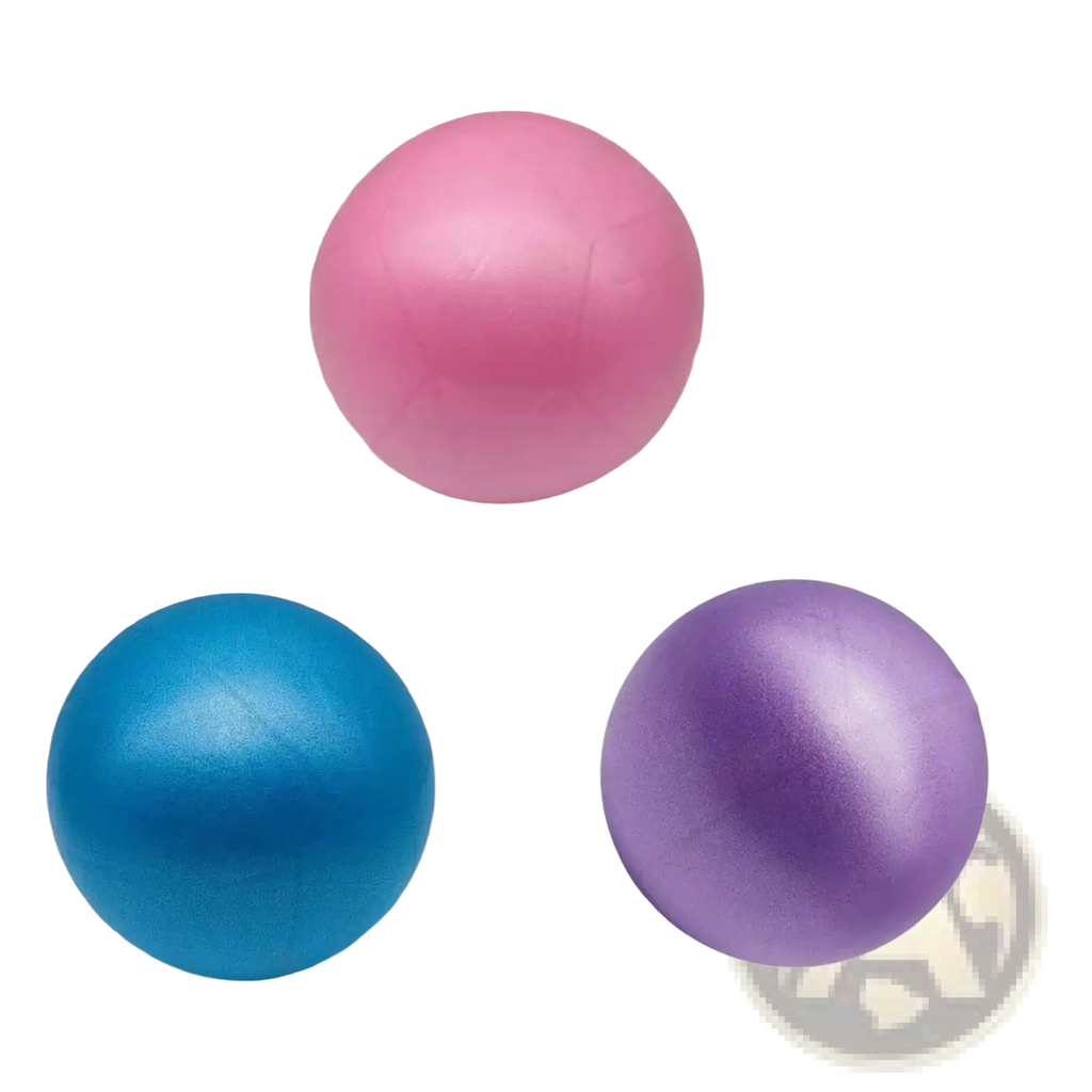 Three glossy pink blue and purple spherical foam mini pilates balls 15cm for core stability exercise