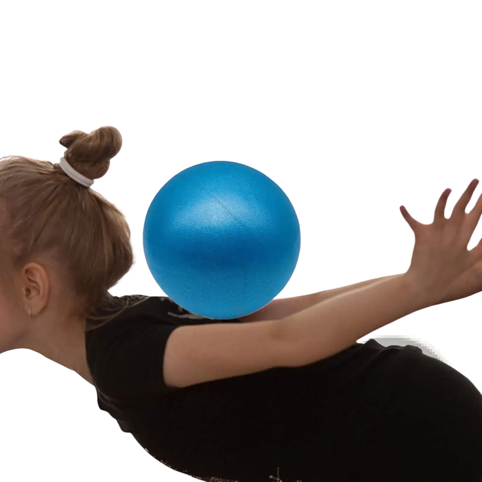 A vibrant blue mini pilates ball 15cm with smooth surface on a person’s shoulder for core stability exercise