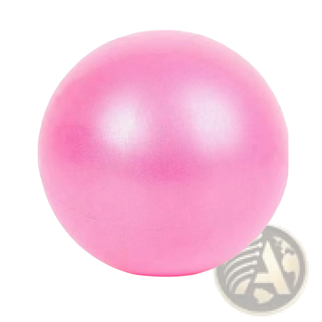 A smooth matte pink mini pilates ball made of durable material with a 25cm diameter for exercise use