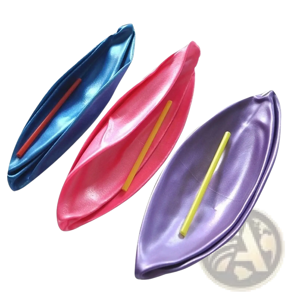 Three glossy, leaf-shaped balloons in blue, pink, and purple with colored sticks alongside mini pilates balls 25cm pink and purple