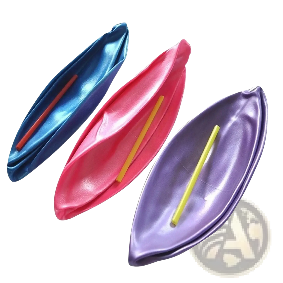 Three glossy, leaf-shaped balloons in blue, pink, and purple with colored sticks alongside mini pilates balls 25cm pink and purple