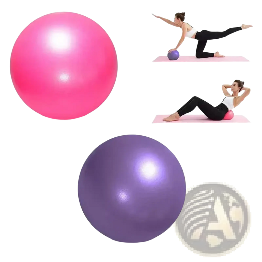 Mini Pilates ball 25cm in vibrant pink and purple with a glossy smooth surface ideal for fitness routines