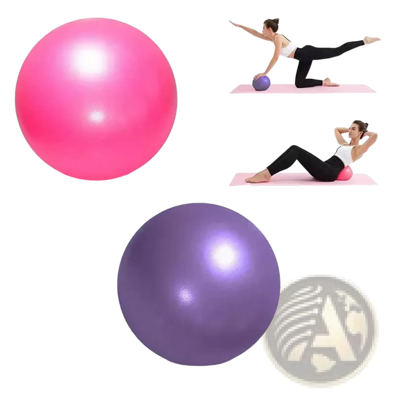 Mini Pilates ball 25cm in vibrant pink and purple with a glossy smooth surface ideal for fitness routines