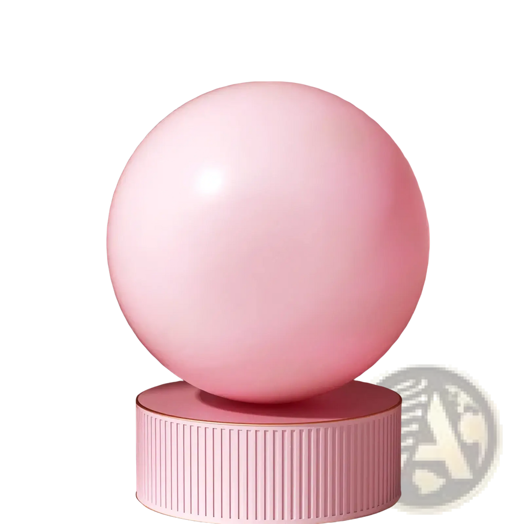 A smooth matte-finish pink mini pilates exercise ball 25cm with explosion proof feature on a matching ribbed pedestal