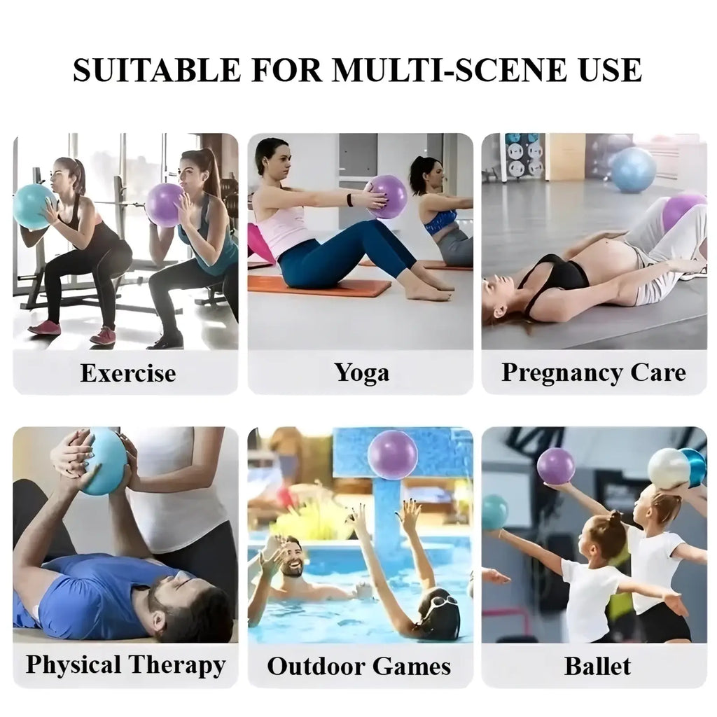Colorful inflatable mini pilates yoga balls made of durable material for core fitness training in versatile use scenes