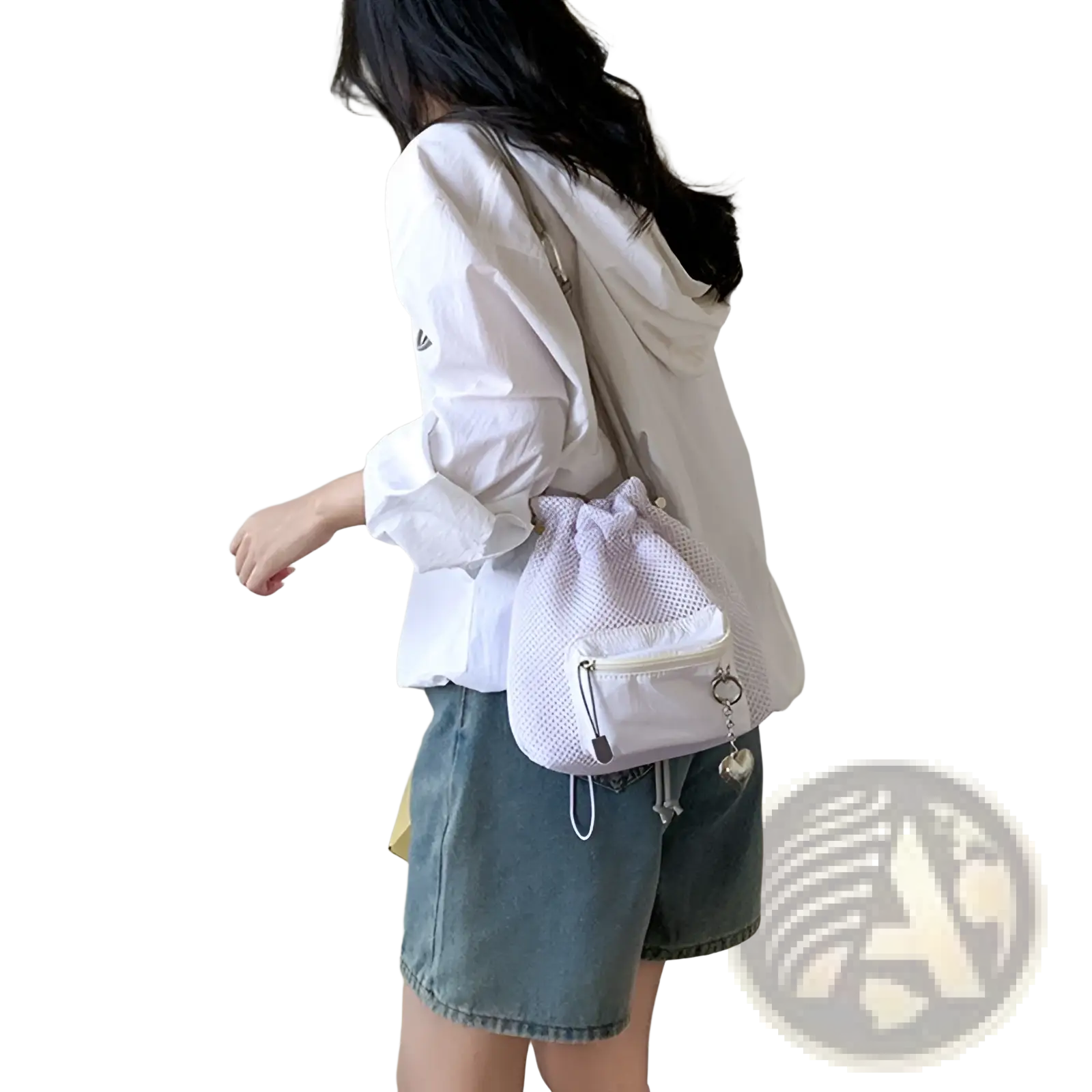 White mesh drawstring crossbody bag with front zippered pocket and silver heart-shaped charm for everyday use
