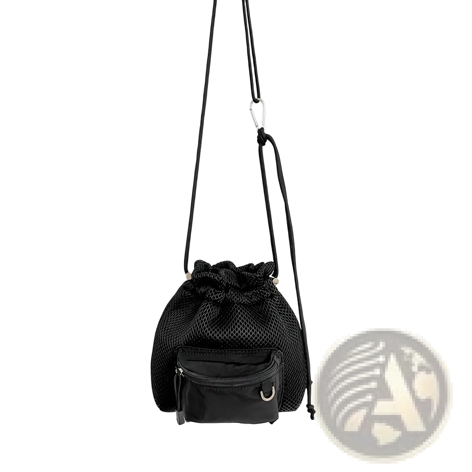 Black mesh drawstring bucket bag with front zippered pocket and adjustable shoulder strap for easy carrying