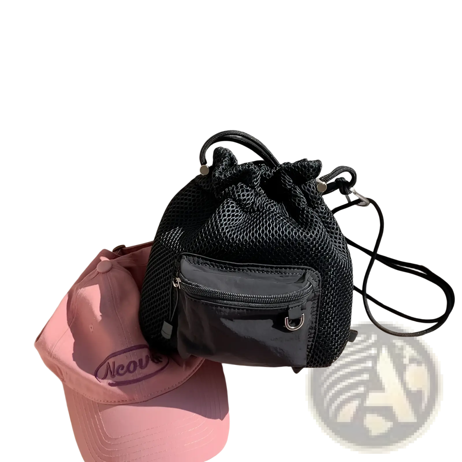 Black mesh drawstring backpack with front zippered pocket and adjustable strap matching mini pink mesh bucket bag design