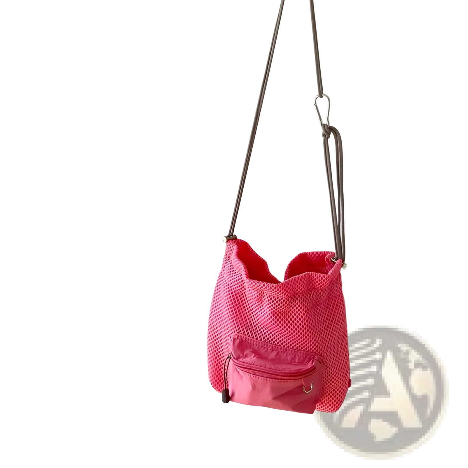 Mini pink mesh drawstring bucket bag with vibrant pink mesh, front zippered pocket, gray adjustable strap, and heart charm