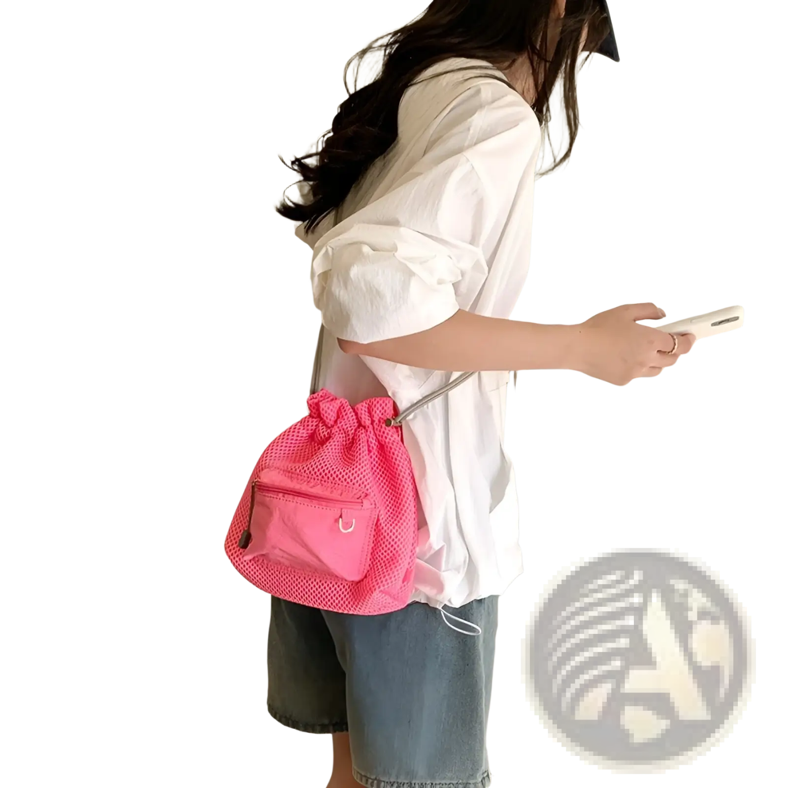 Mini pink mesh drawstring bucket bag with front pocket silver toned hardware and heart charm detail