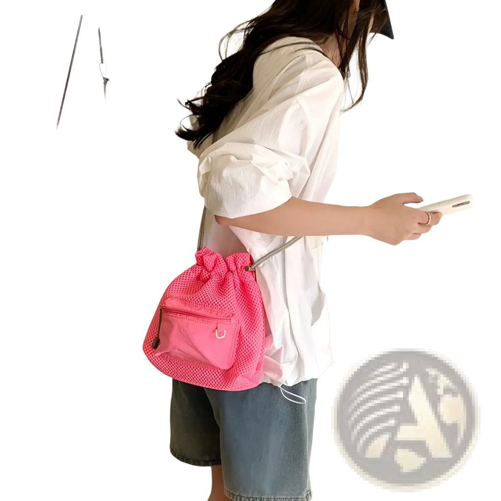 Mini pink mesh drawstring bucket bag with front pocket adjustable strap and heart charm accessory