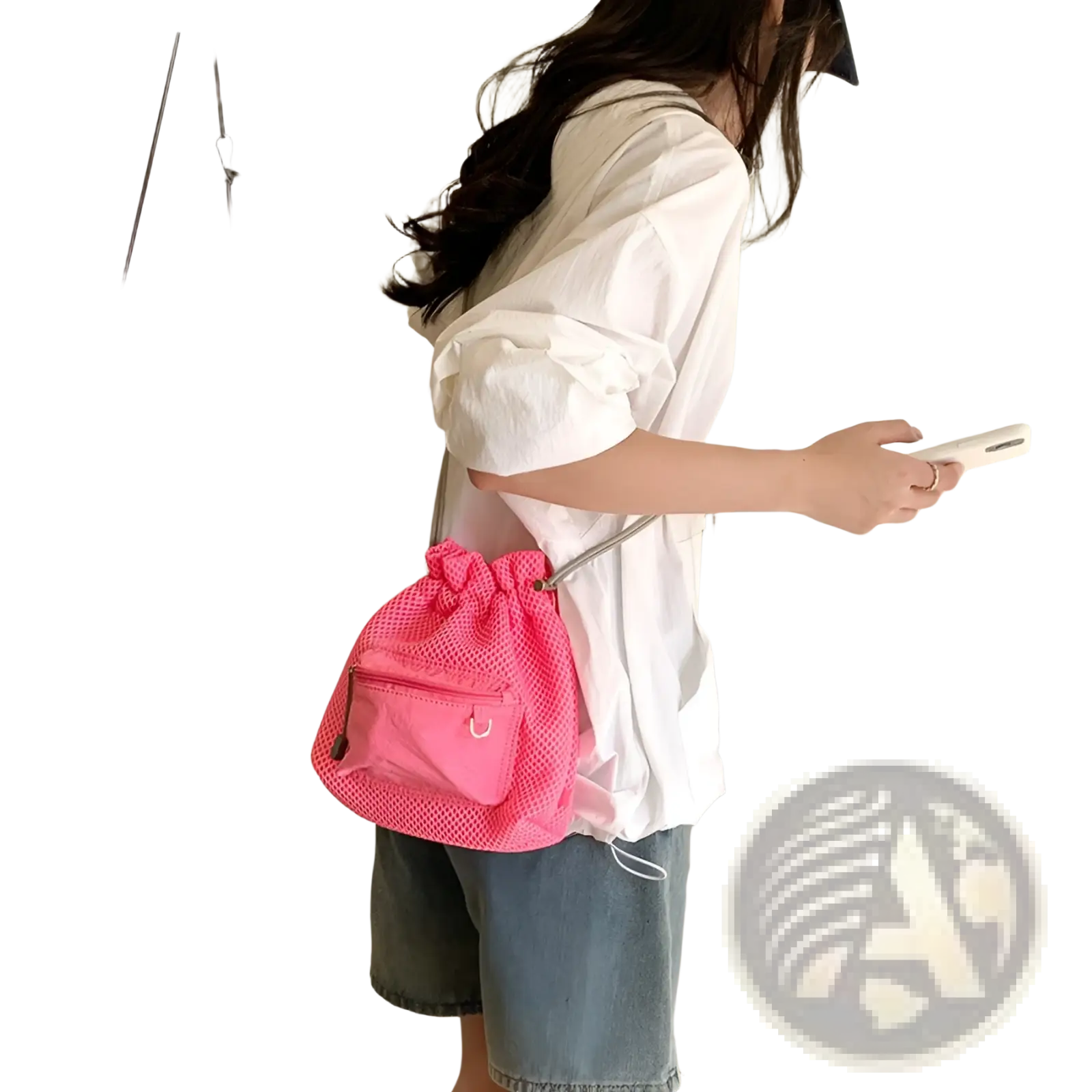 Mini pink mesh drawstring bucket bag with front pocket adjustable strap and heart charm accessory