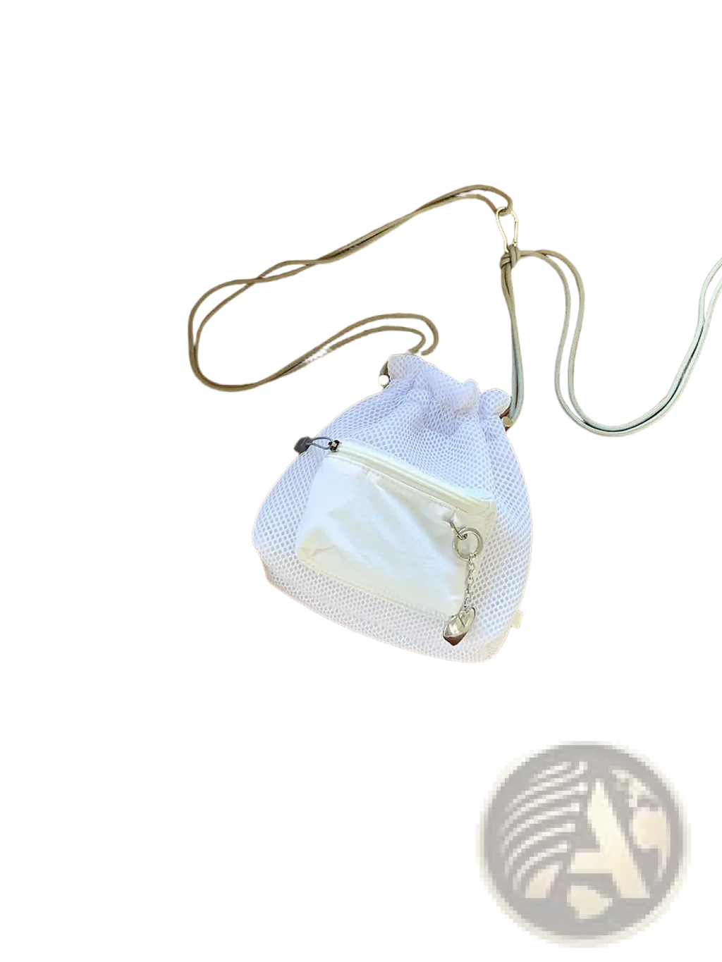 White mesh drawstring bucket bag with front zippered pocket silver-toned hardware and heart charm detail