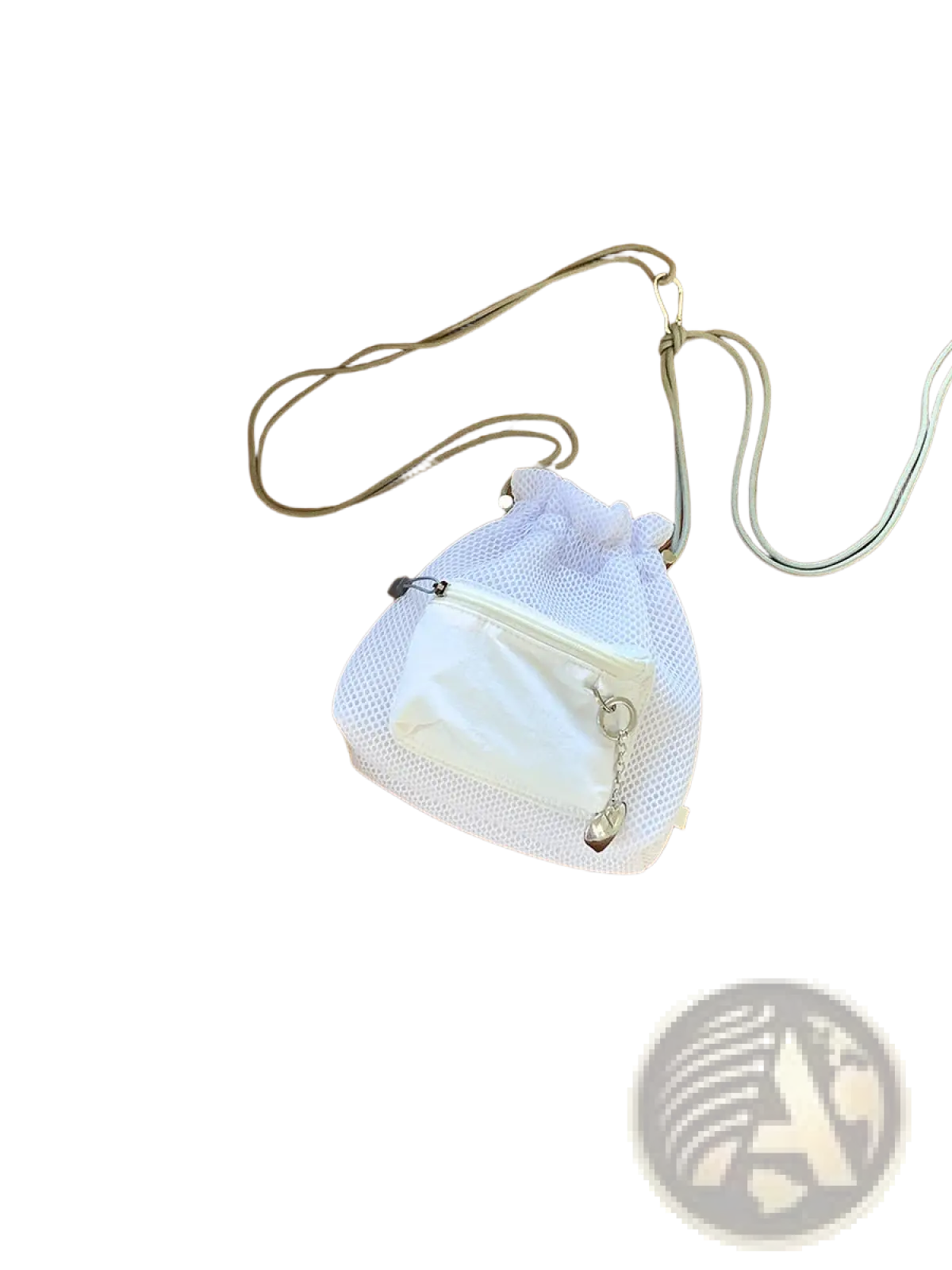 White mesh drawstring bucket bag with front zippered pocket silver-toned hardware and heart charm detail