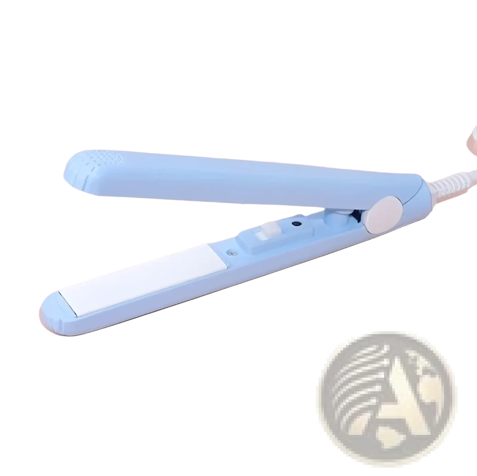 Mini portable ceramic hair straightener and curler in light blue with white heating plates and a coiled power cord