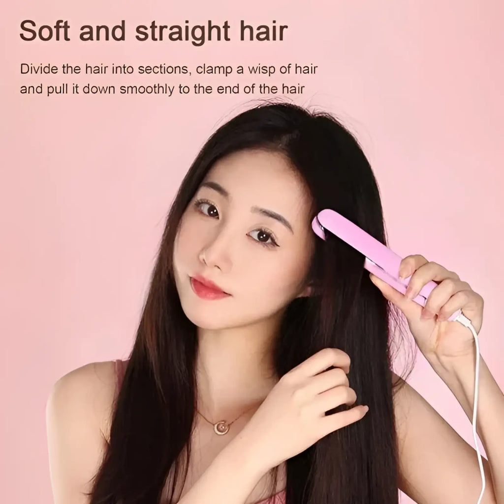 Mini portable ceramic hair straightener and curler in pink with a sleek compact design for handheld use