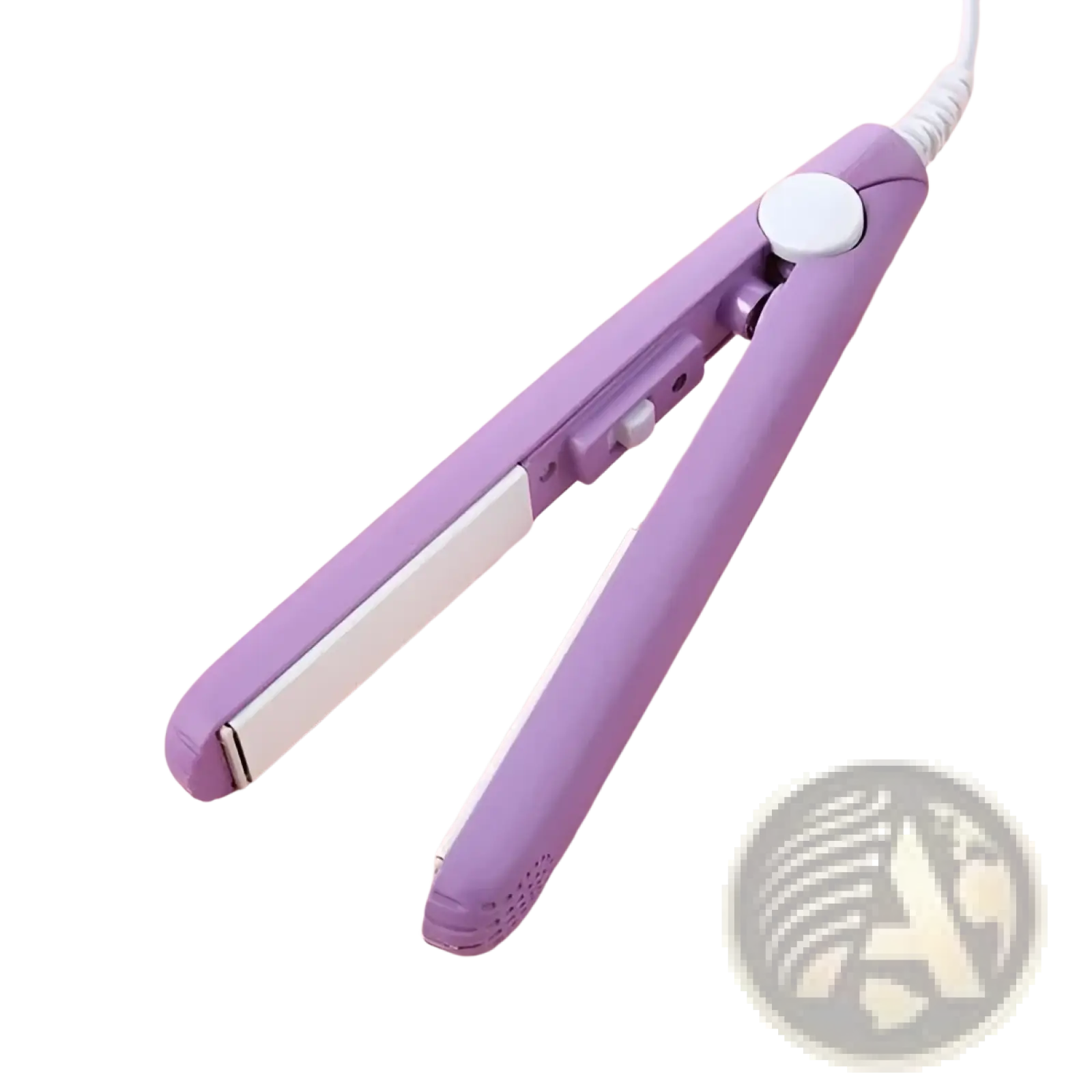 Mini portable ceramic hair straightener and curler in purple plastic with silver metal plates and white power button