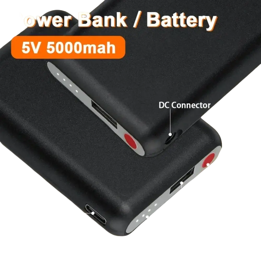 Black rectangular mini power bank with usb-c ports and led indicator for heated gloves battery and heated gloves use