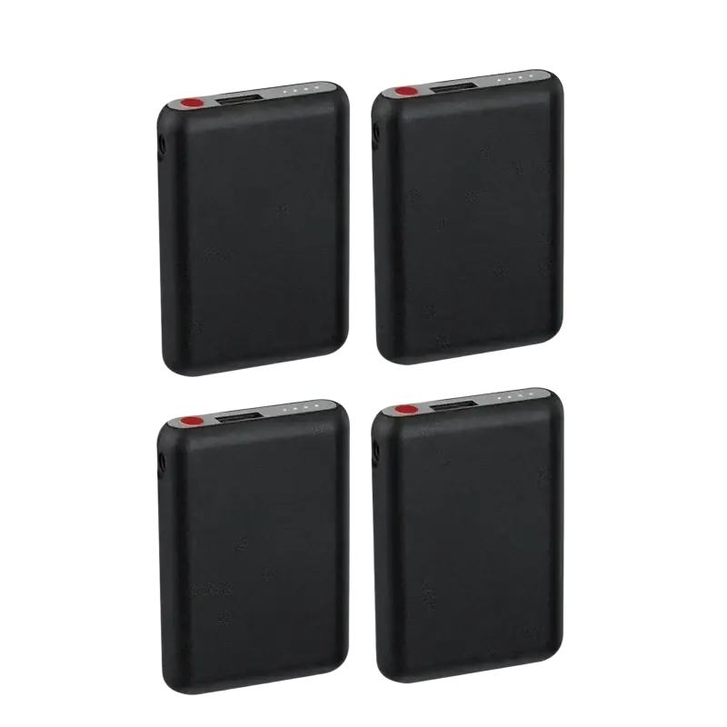 Black rectangular mini power bank with red indicator lights and silver ports for heated gloves battery use