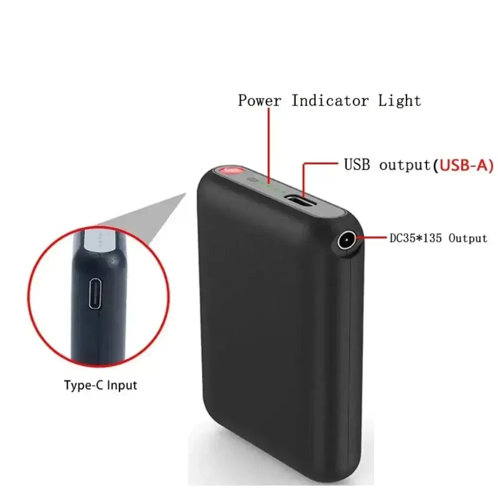 Black rectangular mini power bank 5000mah with type-c input usb-a output for heated gloves gloves battery use